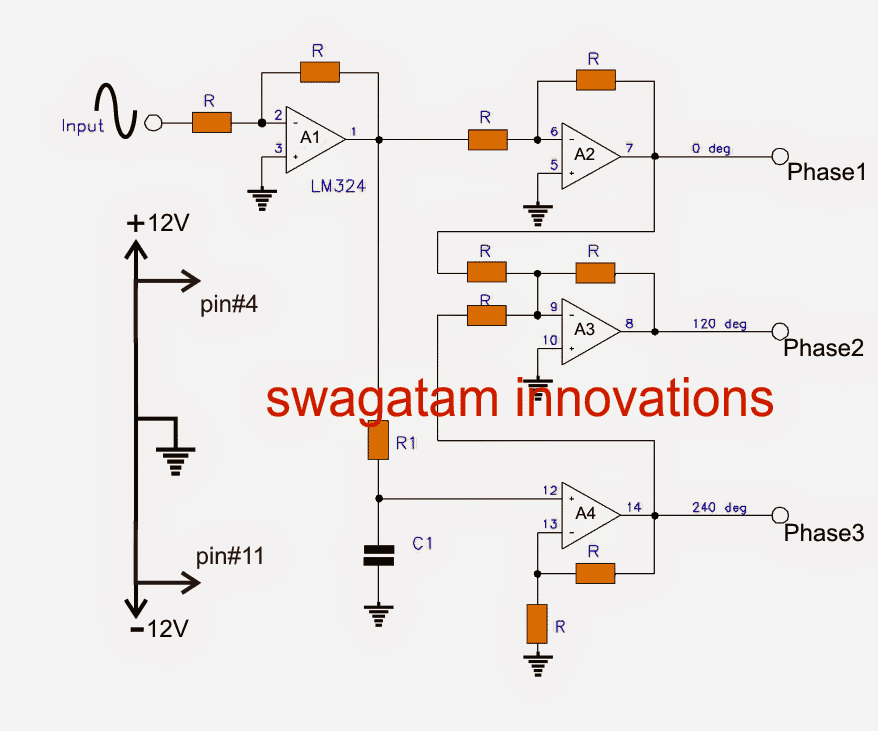 3-фазна схема на генератора на сигнали, използваща Opamp
