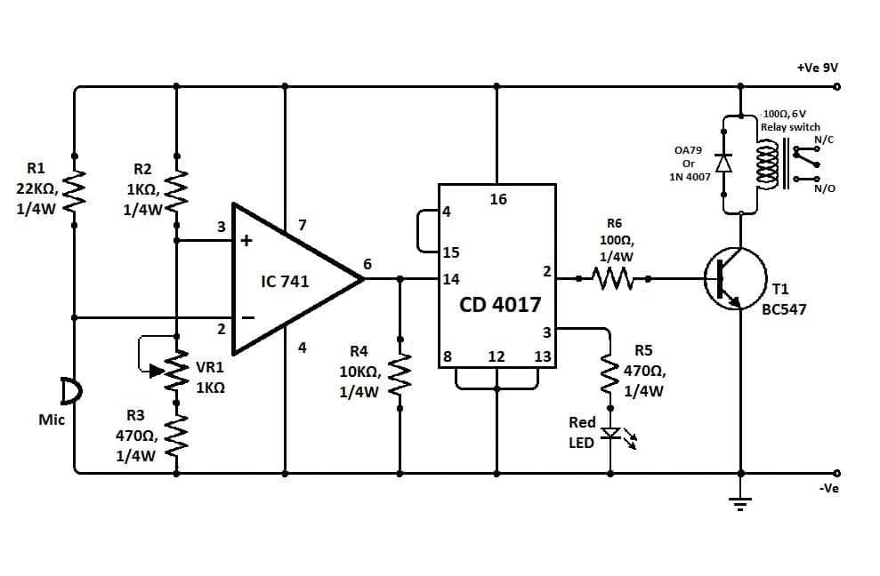 clap switch circuit usando IC 741 opamp