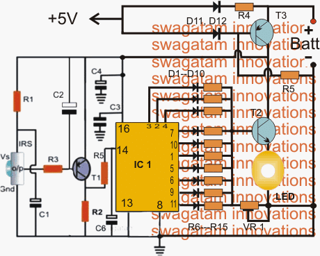 Circuito lampada di emergenza LED controllato a infrarossi (IR)