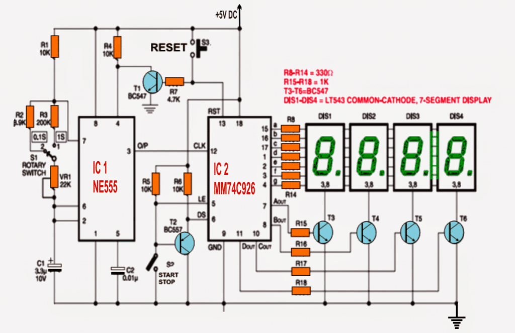 Circuito de cronômetro digital simples baseado em IC 555