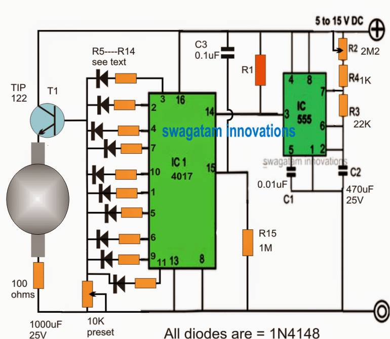 Rotujúci majákový LED obvod využívajúci IC 555 a IC 4017