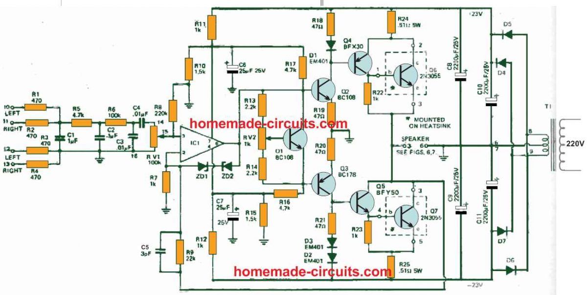 Filtrul de amplificare a basului și amplificatorul sunt combinate ca o singură unitate în acest circuit.
