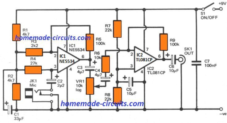Circuiti preamplificatori operazionali - Per microfoni, chitarre, pick-up, buffer