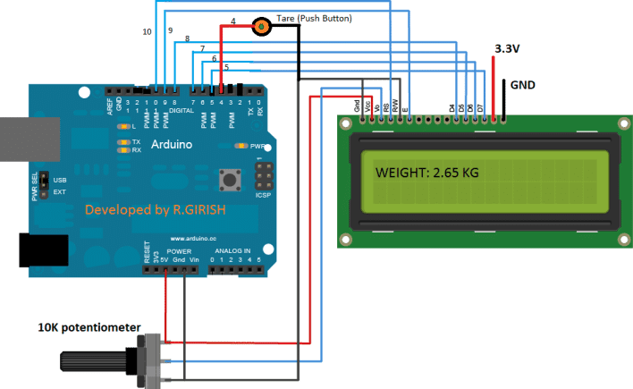 arduino, 16 x 2 LCD дисплей и 10K потенциометър за регулиране на контраста на LCD дисплея