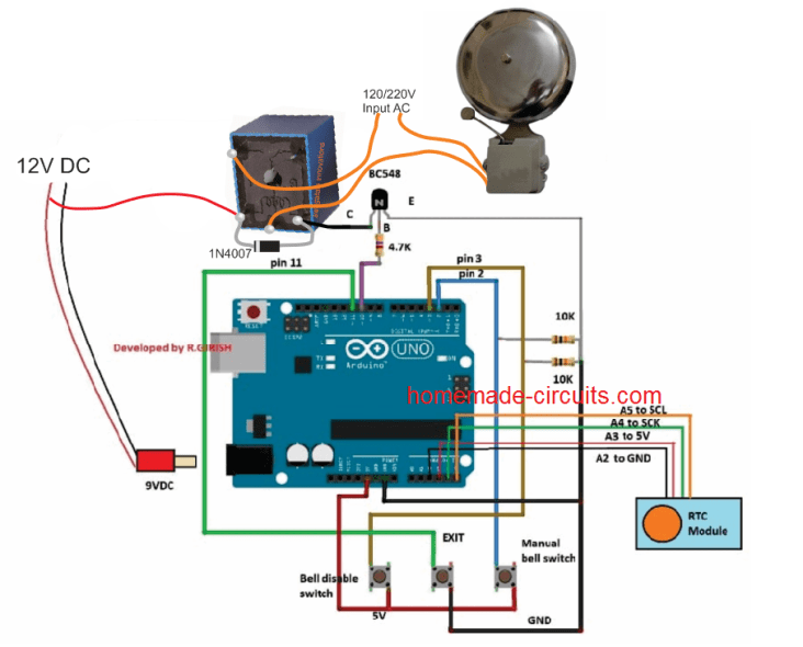 circuit de temporitzadors de campanes escolars amb Arduino