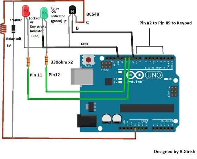 Arduino adgangskode sikkerhedslås kredsløb ved hjælp af 4x4 tastatur