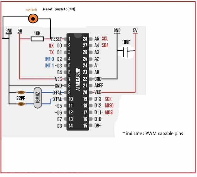 ATmega328P forbinder få eksterne komponenter for at gøre Arduino på breadboard