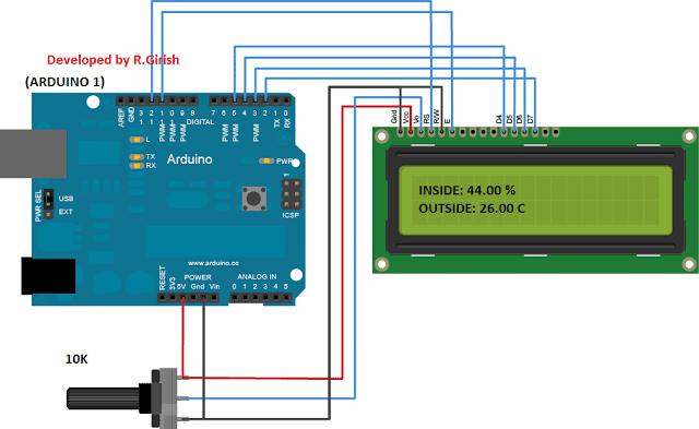 връзка с arduino към LCD дисплей. 10K потенциометър