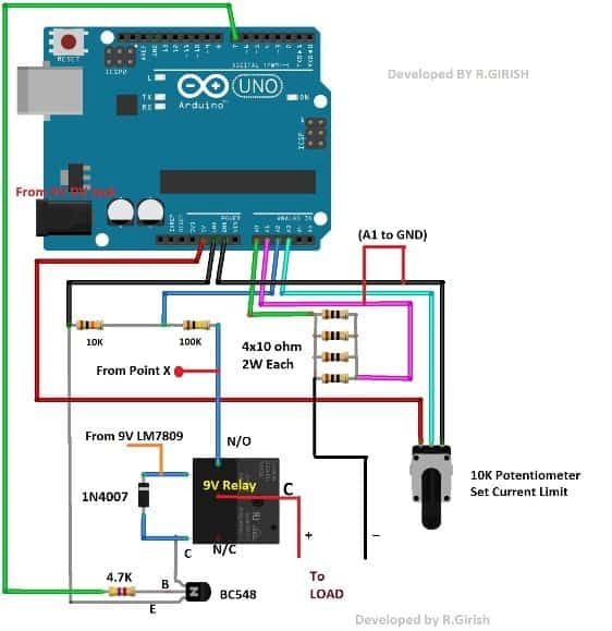 xarxa de resistències per a la font d’alimentació de tall de sobrecorrent mitjançant Arduino