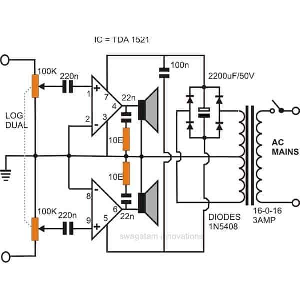 Simpelt stereolydforstærkerkredsløb ved hjælp af IC 1521