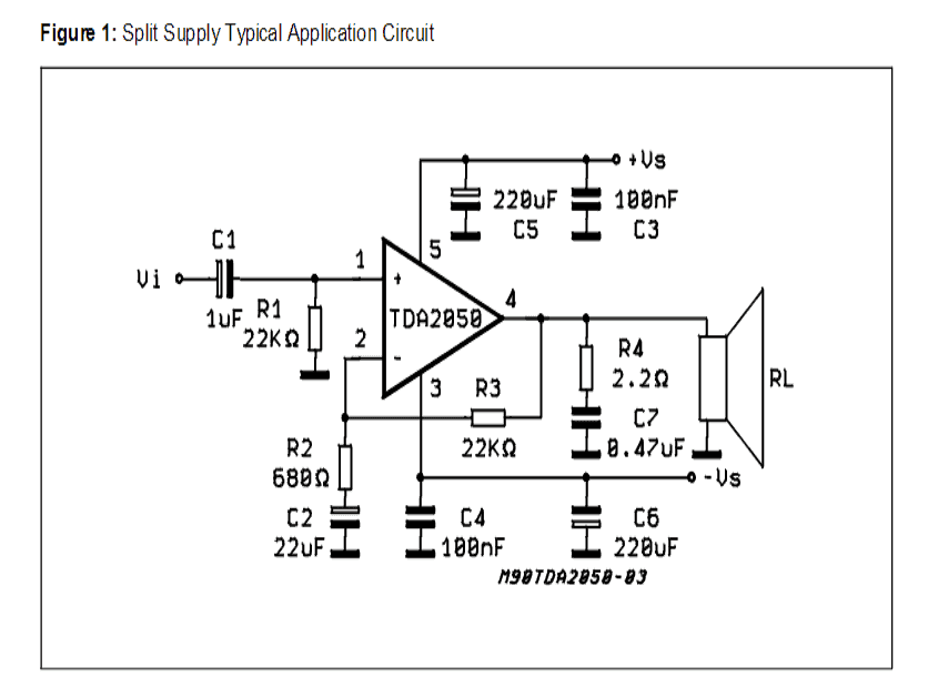 Obvod zesilovače 32 wattů využívající TDA2050