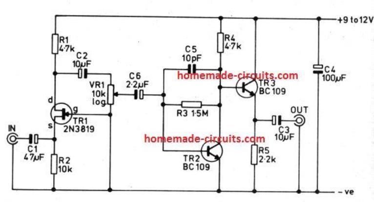 circuito pré-amplificador ajustável de baixa impedância