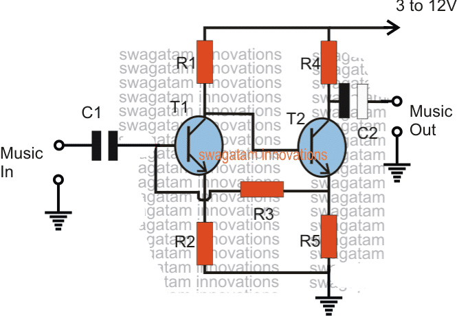 paprasta išankstinio stiprintuvo grandinė gali būti labai lengvai pastatoma surenkant porą tranzistorių