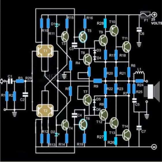 Circuit amplificador d'alta fidelitat de 100 watts amb transistors 2N3055 - Mini Crescendo