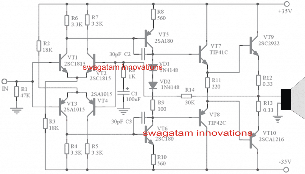 Circuito amplificador simple de 150 vatios con transistores