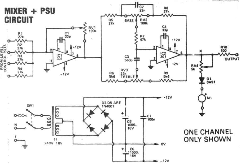 Mezclador de 4 canales con circuito de control de tono