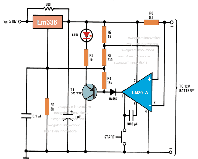 Kompakt 12 volt batterioplader ved hjælp af IC LM 338 og LM301 kredsløbsdiagram