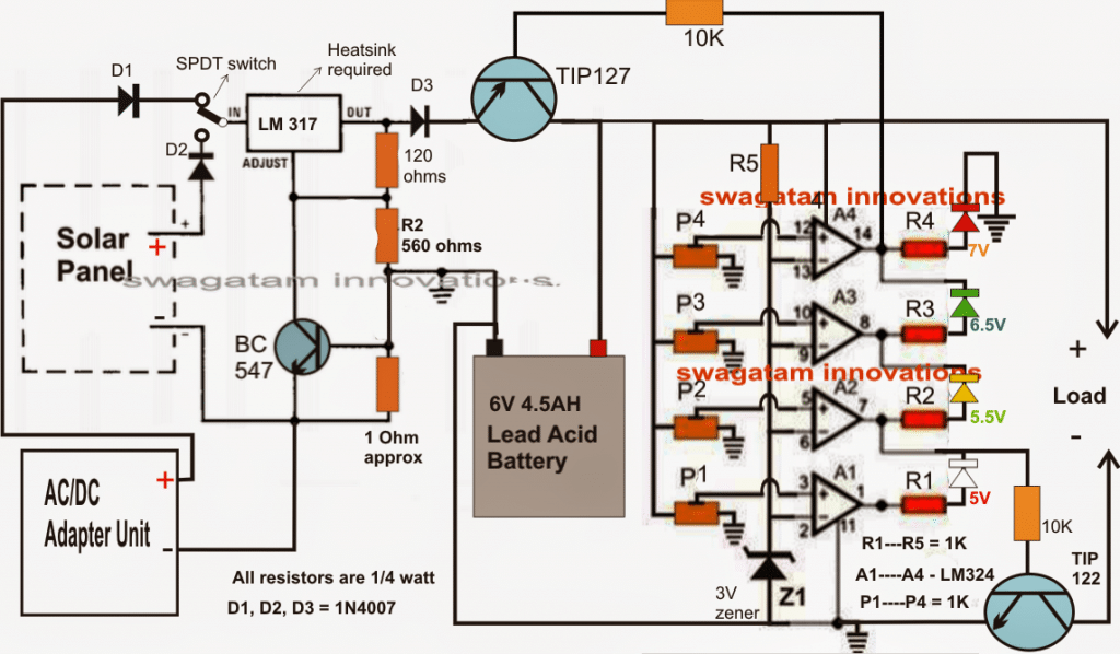 12V схема за автоматично зарядно устройство с 4 LED индикатора