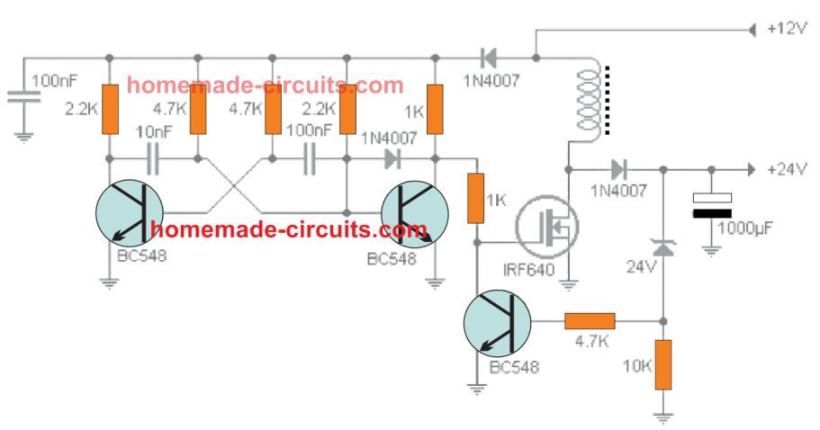 tranzistorizirano povečevalno vezje pretvornika za polnilnik 12V do 24V prenosnika