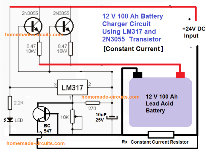 Sirkuit charger baterai 2N3055 untuk baterai 100 Ah