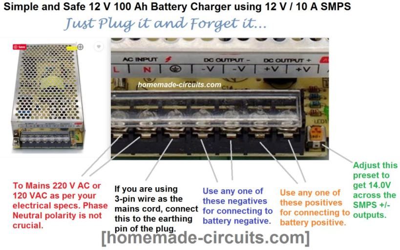 Infografika pokazująca, jak ładować akumulator kwasowo-ołowiowy 12 V 100 Ah za pomocą gotowego smps Mafe 12 V 10 A.