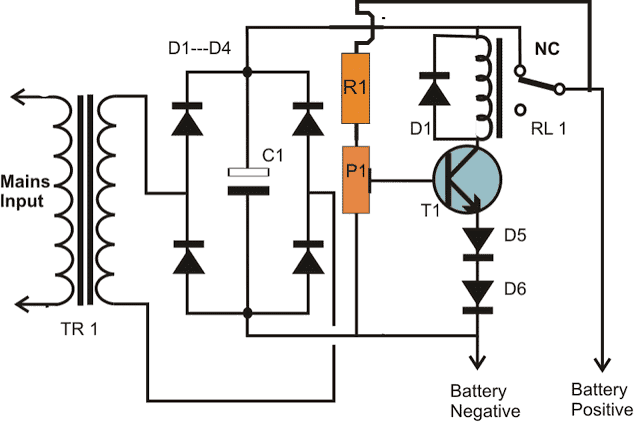 Jeden obvod automatickej nabíjačky batérií tranzistora