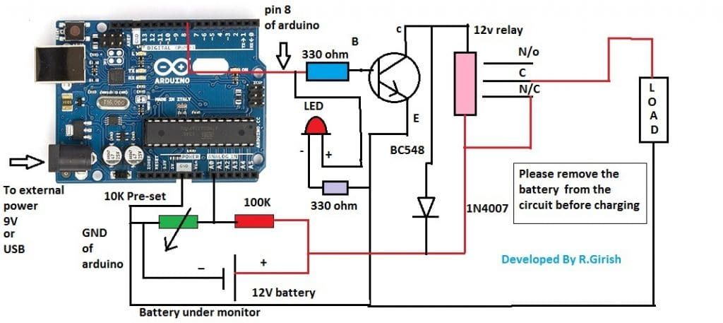 Схема защиты батареи от чрезмерного разряда на базе Arduino