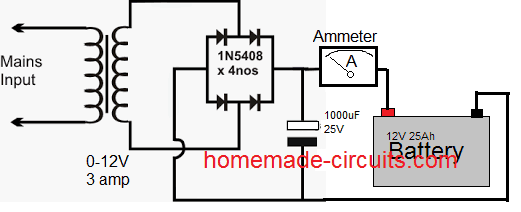 circuito básico do carregador de bateria usando transformador e retificador