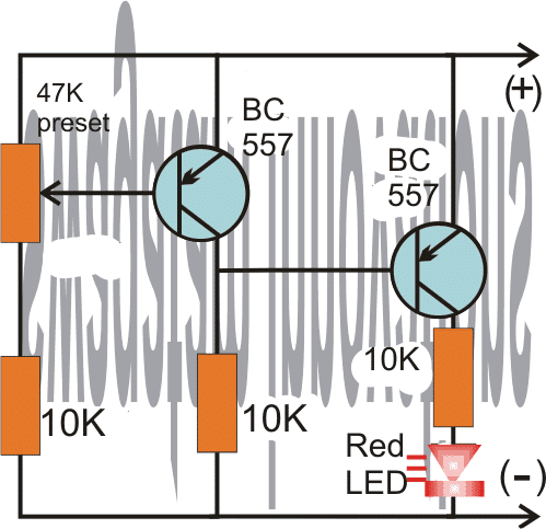 Obvod indikátoru plného nabití baterie pomocí dvou tranzistorů
