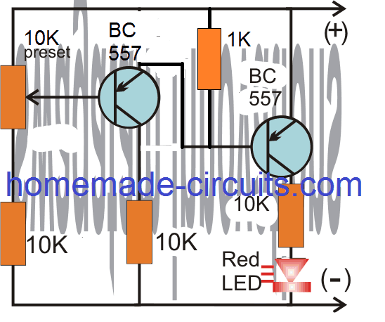 بطارية LED بسيطة 2 ترانزستور على دائرة مؤشر الشحن