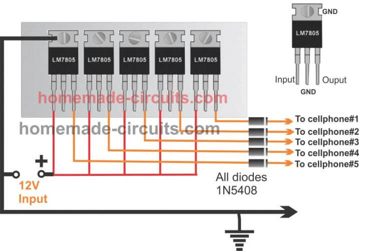 ricarica di telefoni cellulari tramite circuiti integrati IC 7805 paralleli