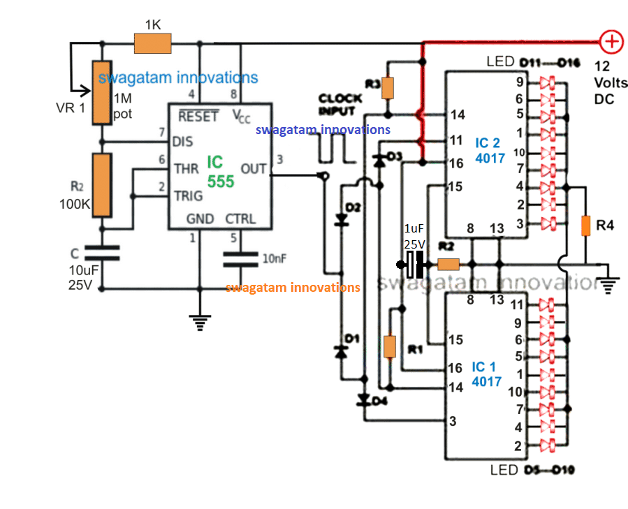18 LED chaser circuit dalawang IC 4017 cascaded sa bawat isa