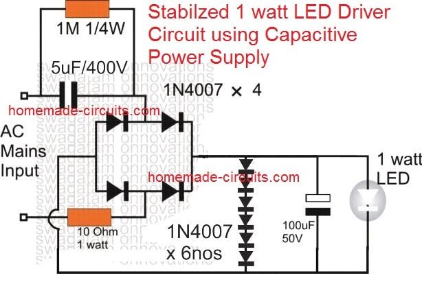 Driver LED de 1 watt estabilizado usando fonte de alimentação capacitiva
