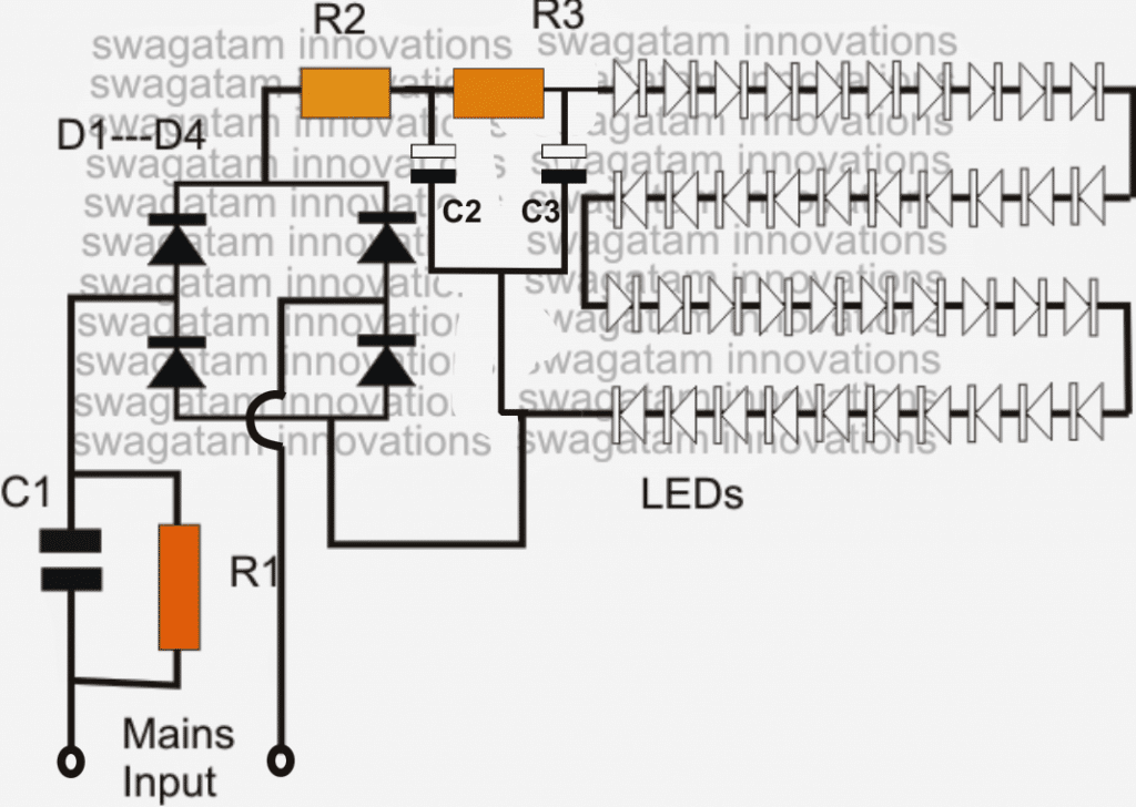 circuito della lampadina del led utilizzando un condensatore ad alta tensione