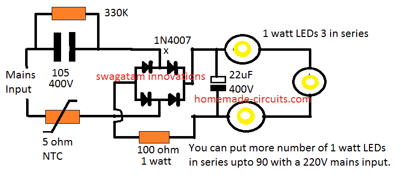 Circuito de lâmpada LED usando LEDs de 1 watt