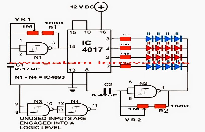 piscando + perseguindo luz estroboscópica usando circuito IC 4017