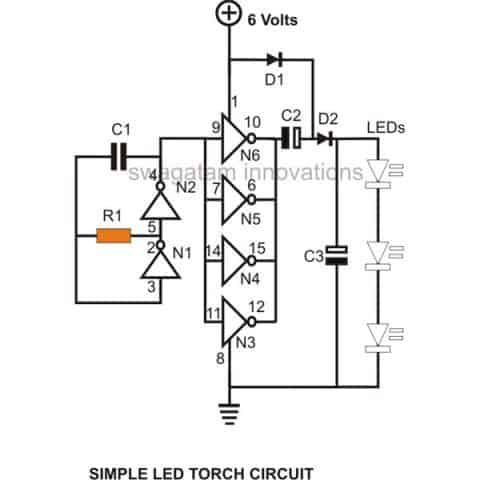 Hi Efficiency LED Torch circuit using IC 4049