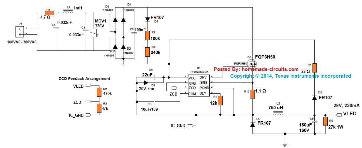 Circuito controlador no aislado SMPS compacto de 7 vatios, entrada de 220 V CA, salida de 29 V 230 mA, utilizando IC TPS92314A