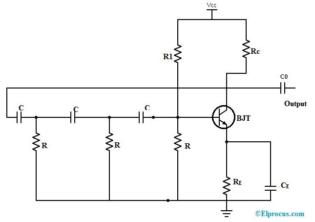 RC фаза Shift осцилатор схема с помощта на BJT