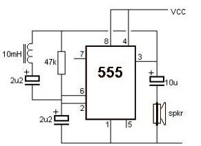 Metallidetektori vooluring 555 IC abil