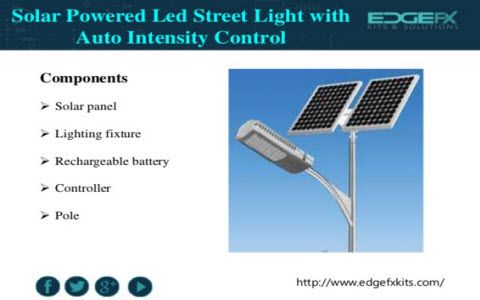 Päikeseenergial töötav LED-tänavavalgustus koos automaatse intensiivsuse juhtimisahelaga ja töötab