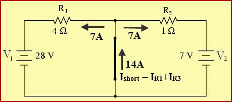 Srovė per R1, R3 ir trumpojo jungimo apkrova