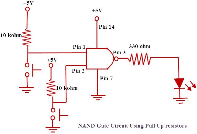 புல்-அப் மின்தடையத்தைப் பயன்படுத்தி NAND கேட் சர்க்யூட்