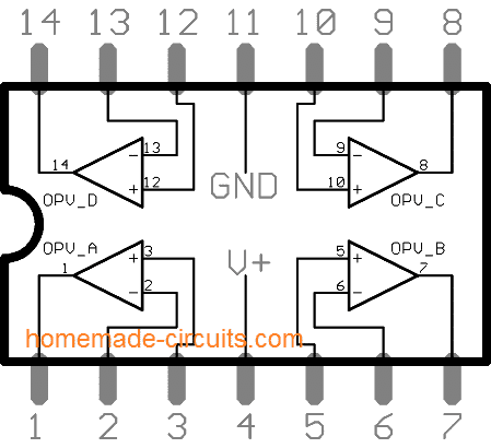 Подробности за диаграмата на пиновата схема LM324