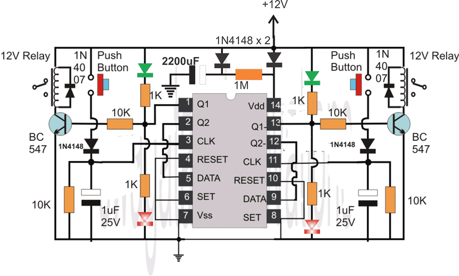 Circuito flip flop IC 4013 con memoria de fallo de red