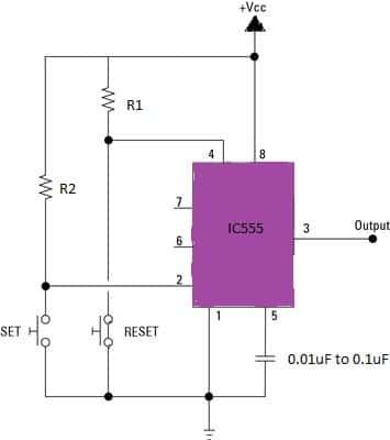 Simpel bistabil kredsløb ved hjælp af IC 555