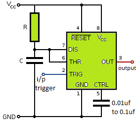 Jednoduchý monostabilný obvod využívajúci IC 555