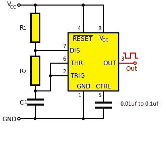 Jednoduchý astabilný obvod využívajúci IC 555