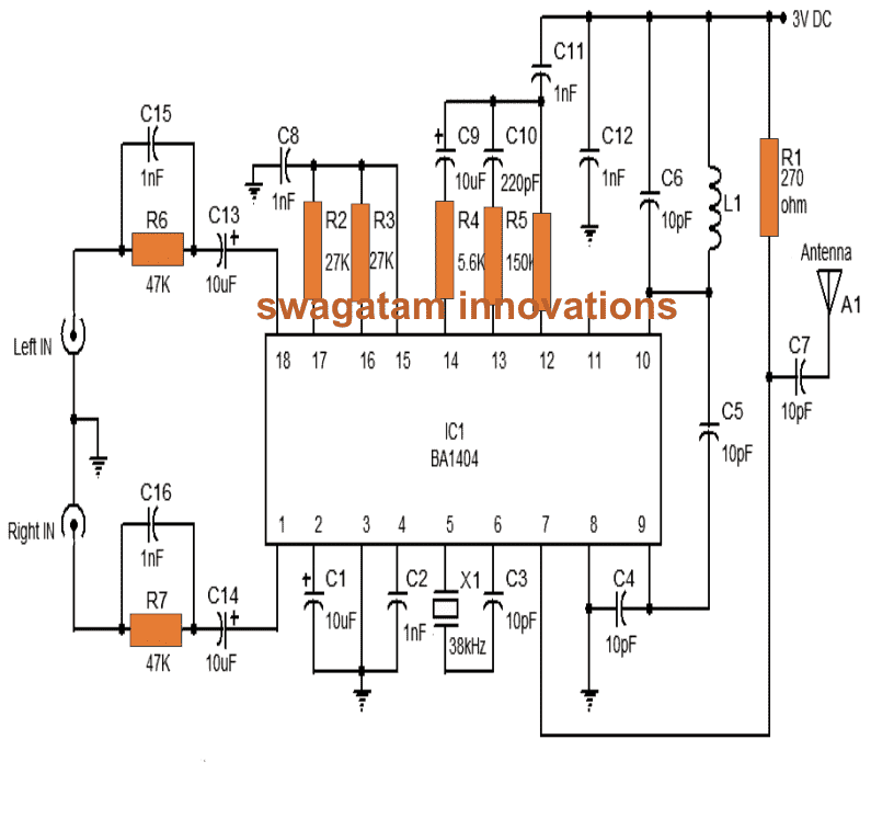 Obwód nadajnika stereofonicznego FM wykorzystujący układ IC BA1404