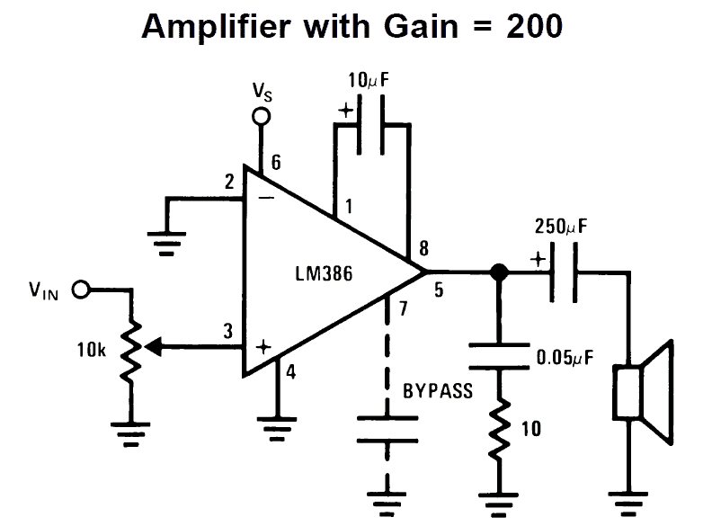 LM386 forstærker kredsløb med forstærkning 200